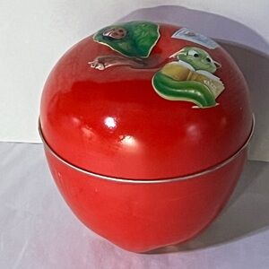 Vintage Large Apple Metal Tin Red Apple Storage Tin/Decoration with Reading Worm